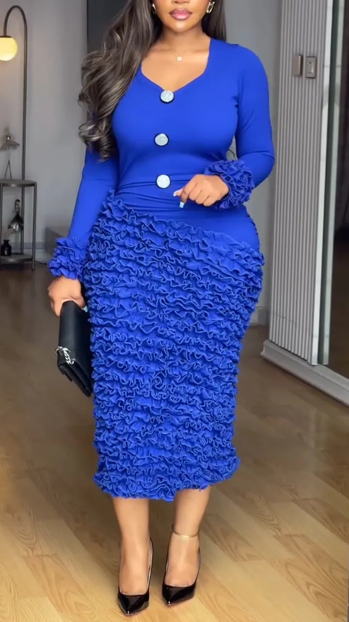 Women V-neck Patchwork Pleated Slim Fit Elegant Temperament Dinner Party Style Dress