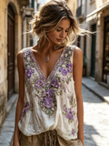 🌸 Women's Purple Floral Embroidered V-Neck Boho Tank Top