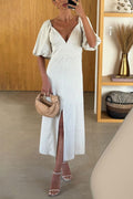 Elegant V-neck Short Sleeve Split Linen Dress