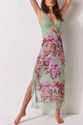 Green Lace Backless Slit Printed Long Dress