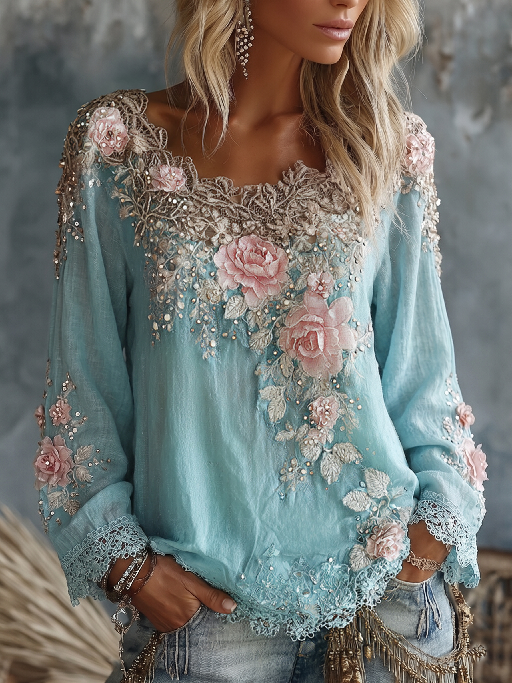 Women's Vintage Rose Floral Art Crew Neck Long Sleeve Linen T-shirt