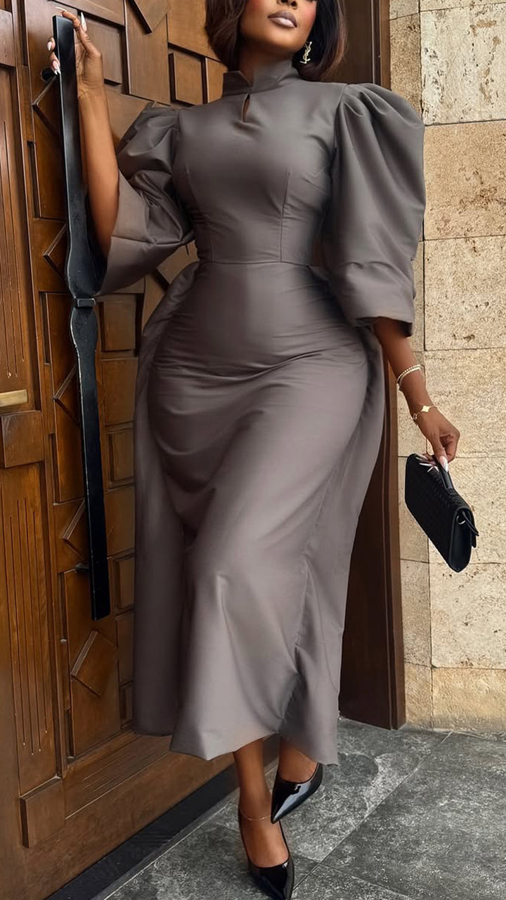 Women Round Neck Waist Cinched Solid Color Elegant Temperament Dress