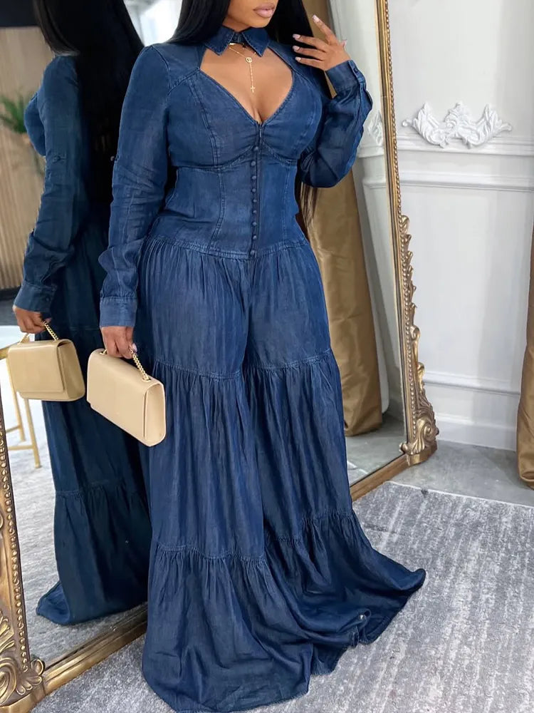 Women Collar Hollowed Out Patchwork Elegant Casual Denim Dress