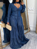 Women Collar Hollowed Out Patchwork Elegant Casual Denim Dress