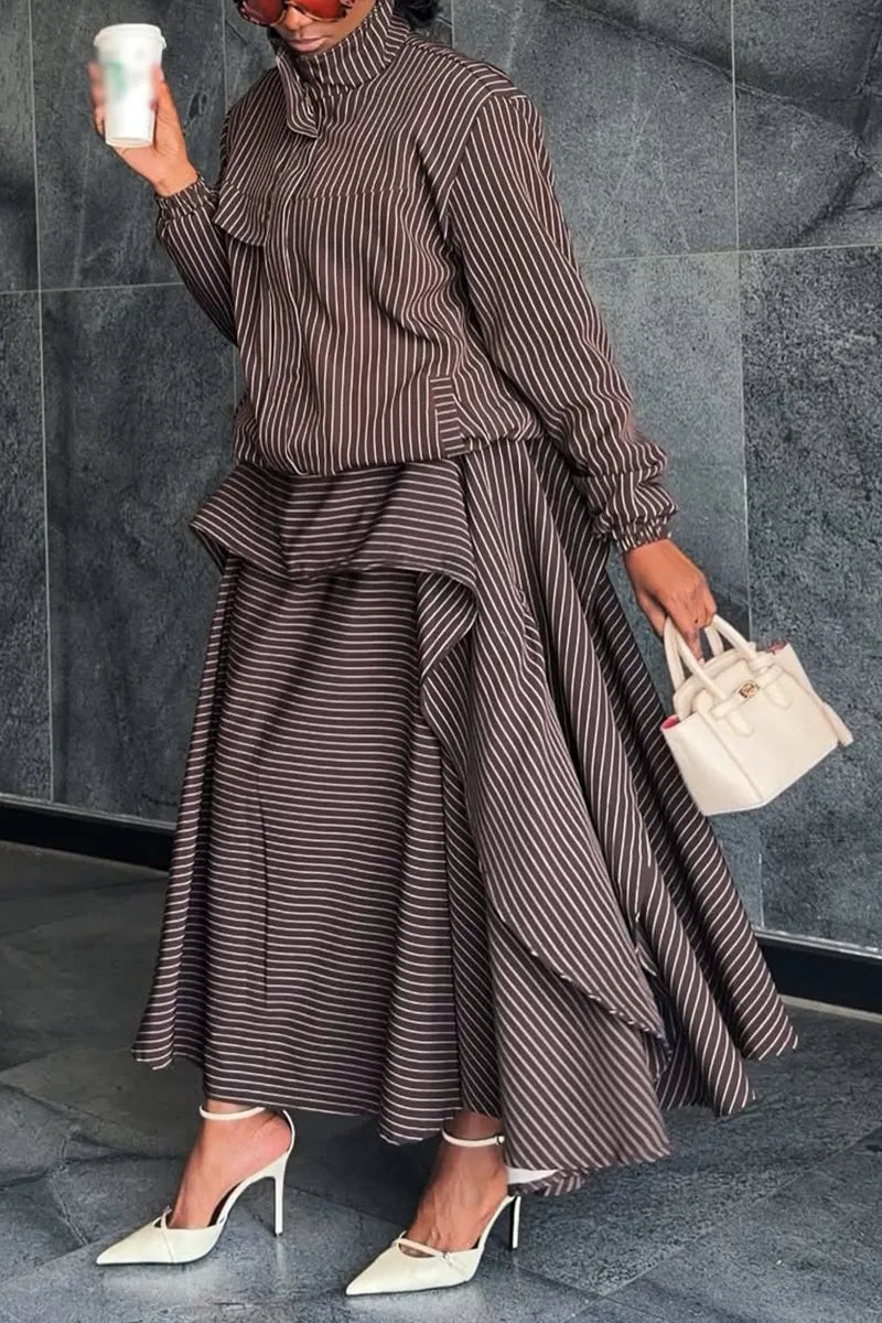 Women Stand Up Collar Vertical Patterned Jacket + Patchwork Skirt Elegant Temperament Set