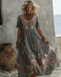 Women's Floral Art Print Flowy Linen Blend Casual Short Sleeve Maxi Dress