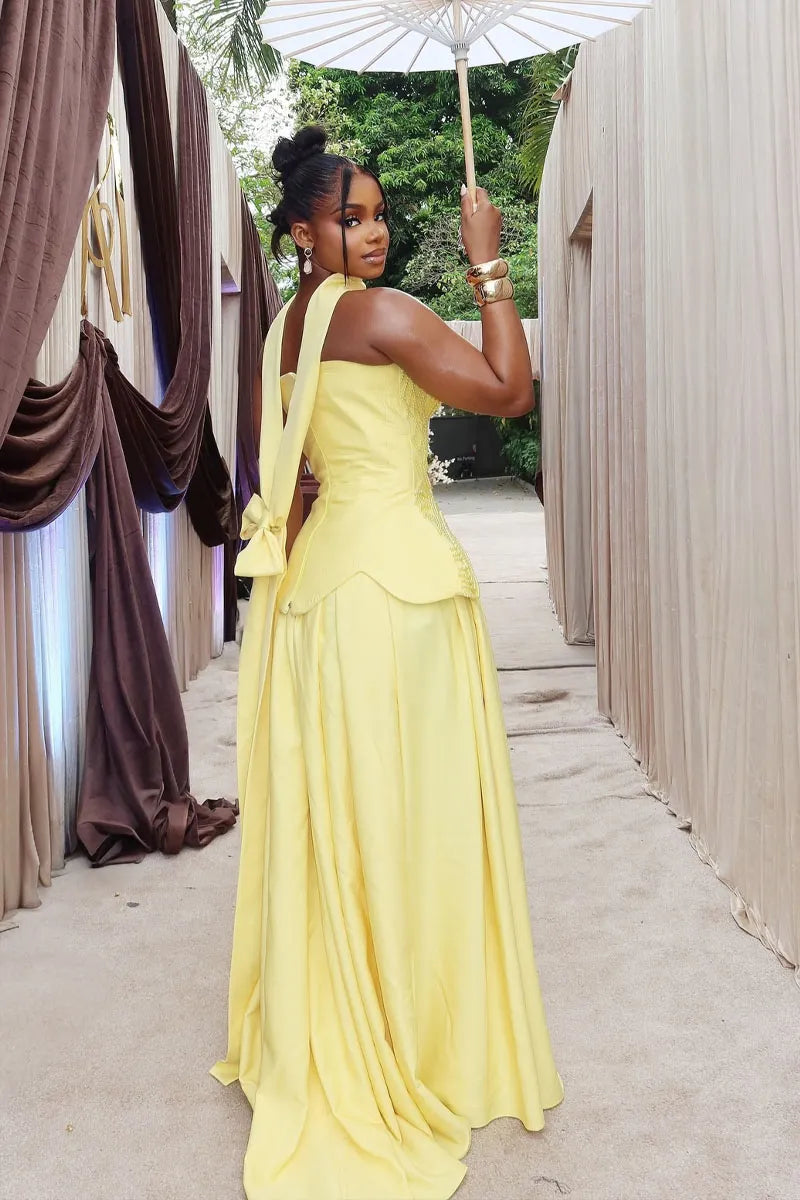 Womem Yellow Halter Neck Maxi Dress with 3D Puffed Bust