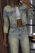 Ladies' Casual Rhinestone Denim Jacket And Straight Leg Jeans