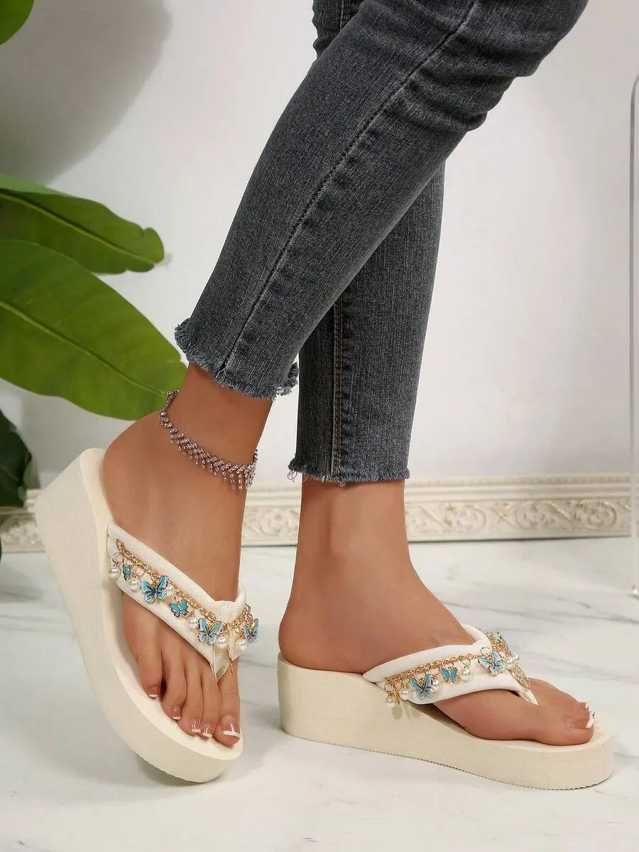 Wedge Slippers for Women - Bohemian Beach Sandals with Shell Chain Decor