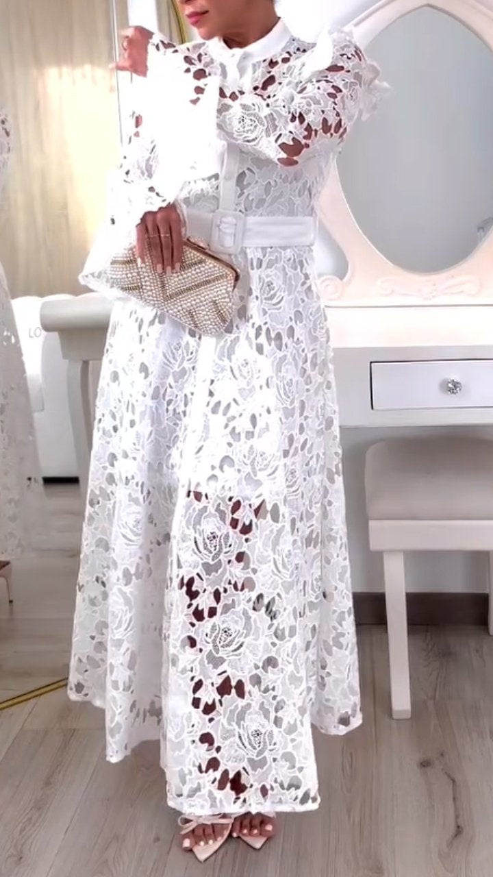 Ladies Half Turtleneck Hollow Lace Dress