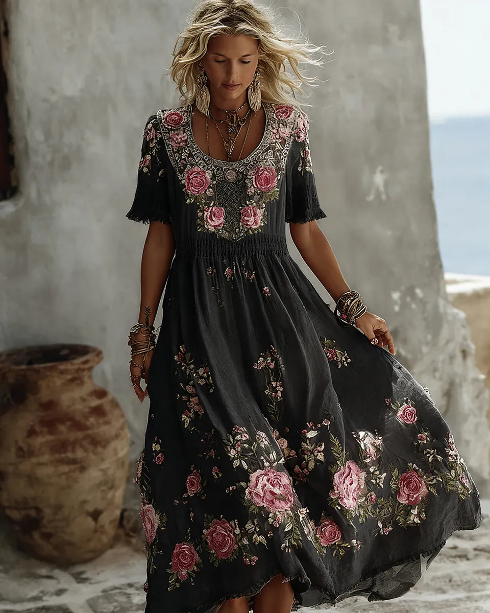 Women's Floral Art Print Flowy Linen Blend Casual Short Sleeve Maxi Dress