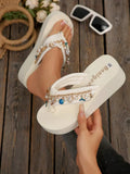 Wedge Slippers for Women - Bohemian Beach Sandals with Shell Chain Decor