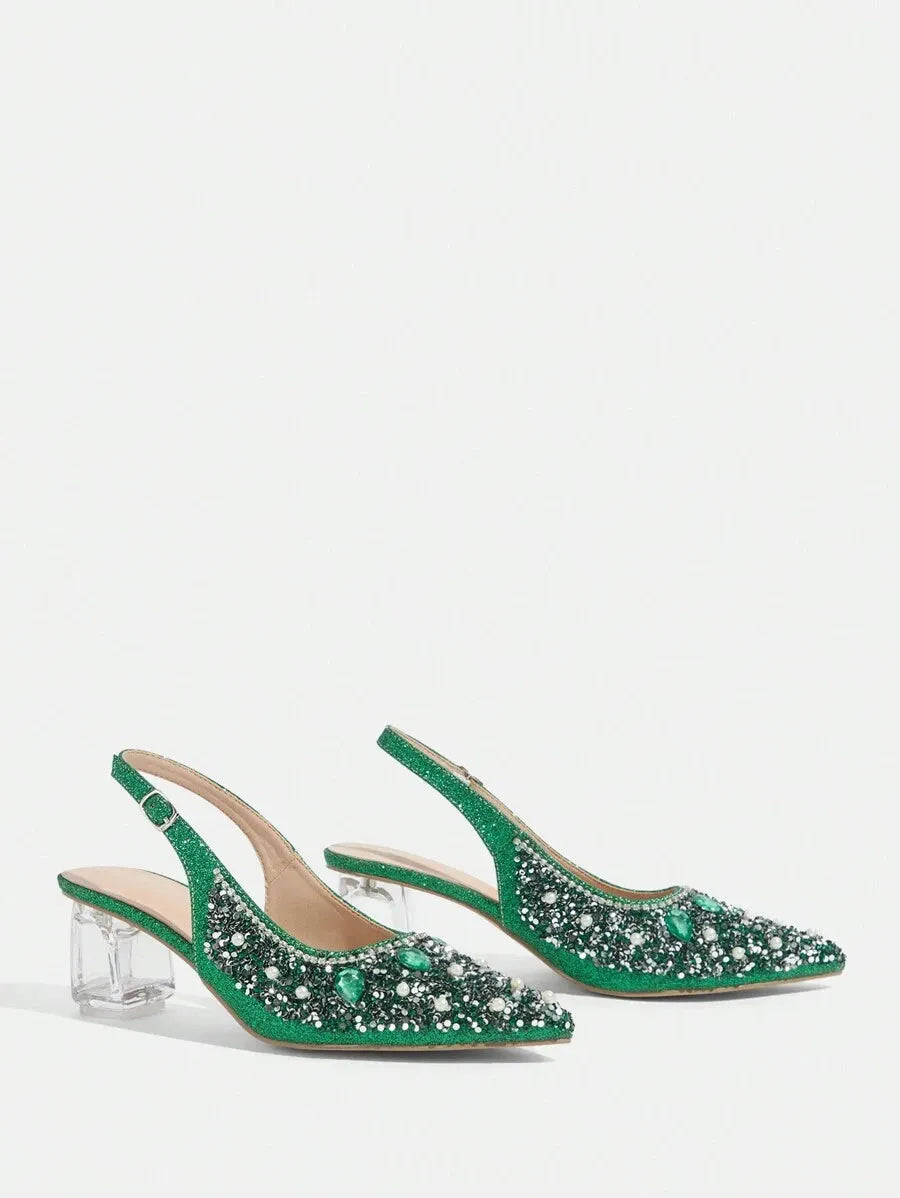 Crystal Heel Pointed Toe Slingback Pumps
