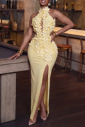 Women's Elegant Floral Trim Slit Hem Dress