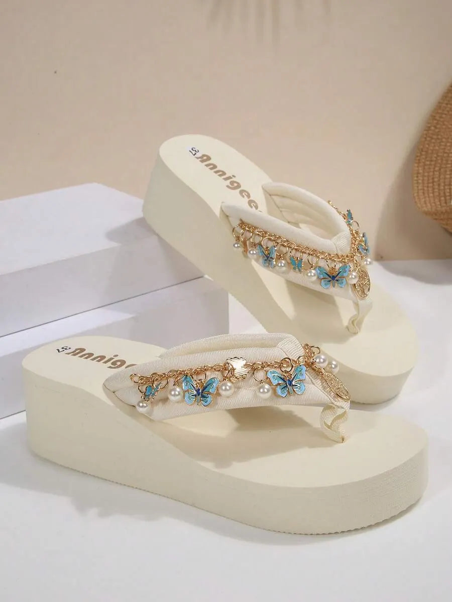 Wedge Slippers for Women - Bohemian Beach Sandals with Shell Chain Decor