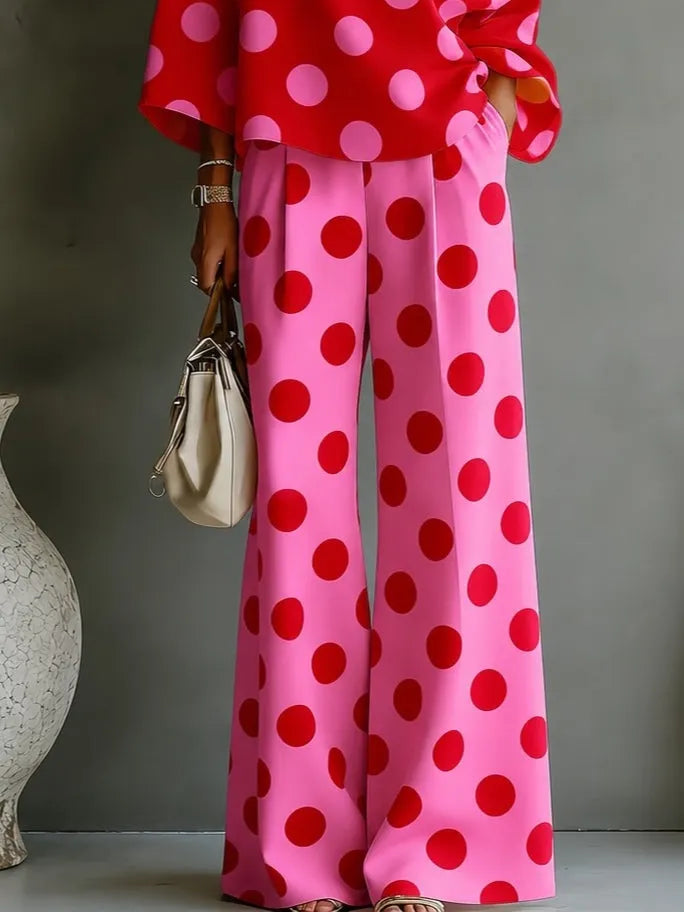 Retro Pink Polka Dot Off-shoulder Top And Wide-leg Pants Two-piece Set