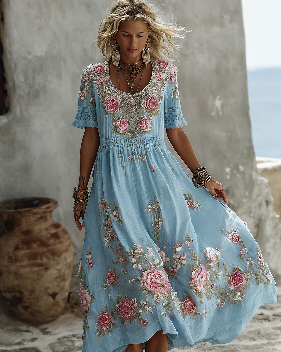 Women's Floral Art Print Flowy Linen Blend Casual Short Sleeve Maxi Dress