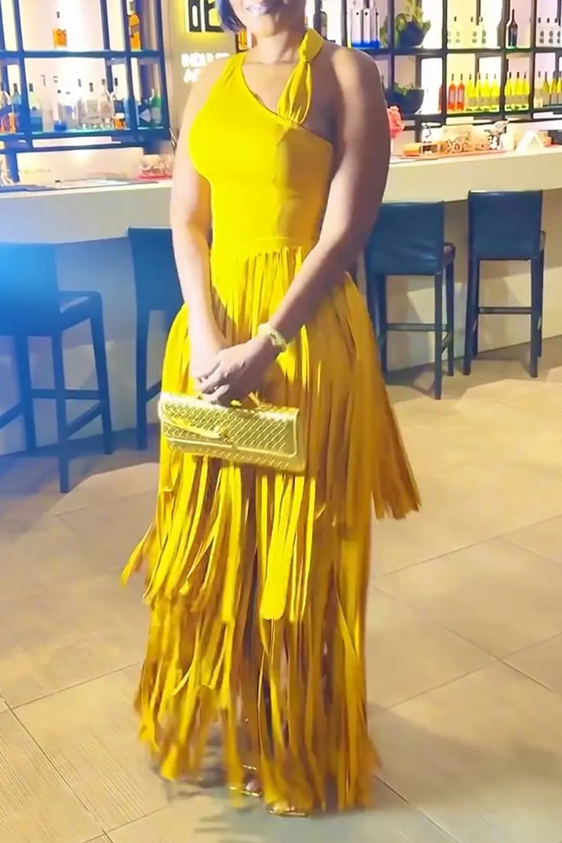 Women's Fashion Party Asymmetric Neckline Fringe Midi Dress