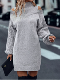 （ In stock）Women Half High Neck Off-Shoulder Long Sleeve Knitted Dress