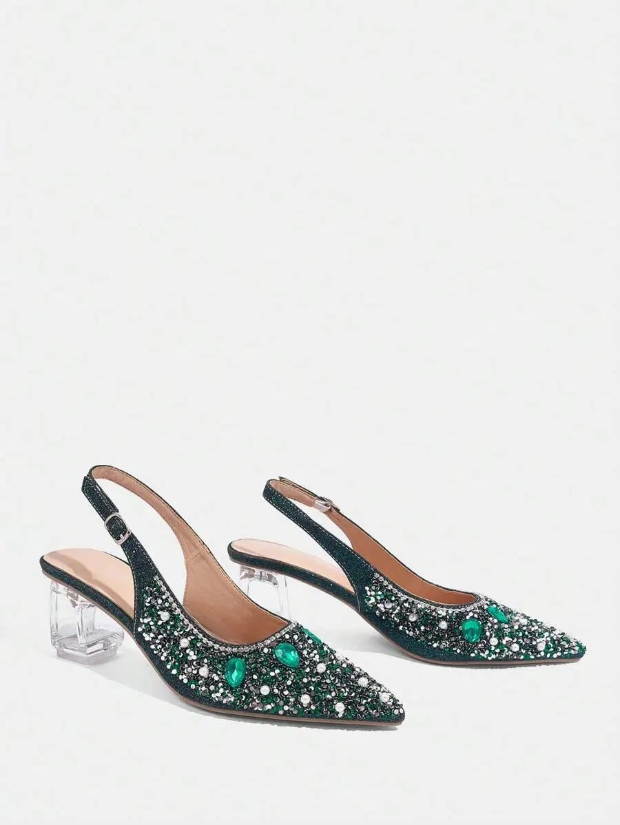 Crystal Heel Pointed Toe Slingback Pumps