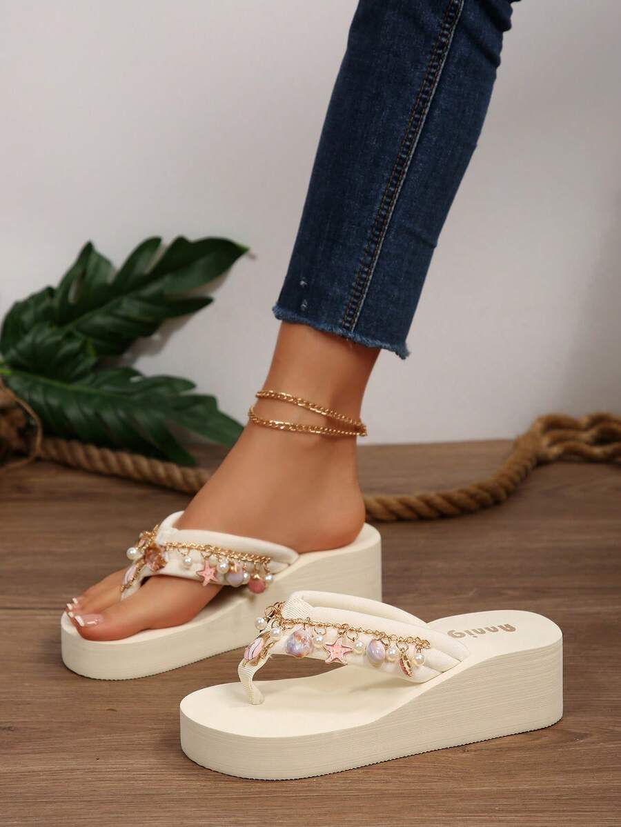 Wedge Slippers for Women - Bohemian Beach Sandals with Shell Chain Decor