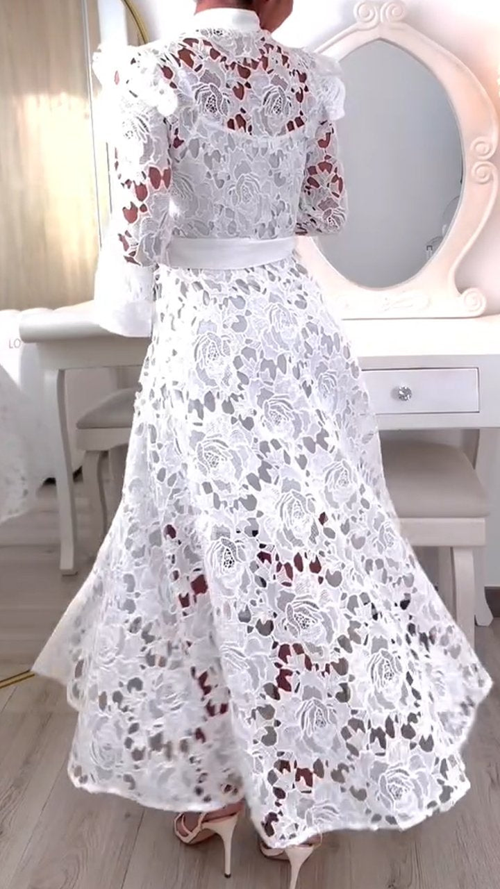 Ladies Half Turtleneck Hollow Lace Dress