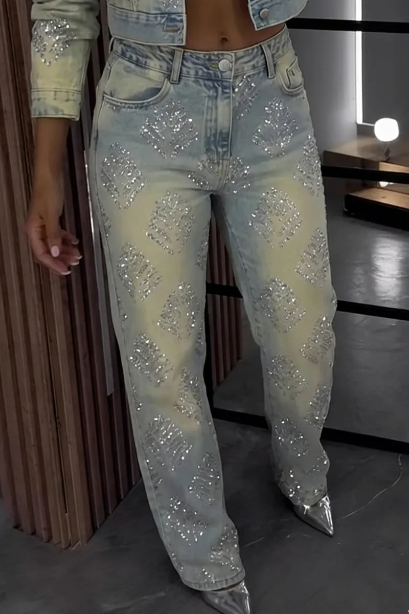 Ladies' Casual Rhinestone Denim Jacket And Straight Leg Jeans