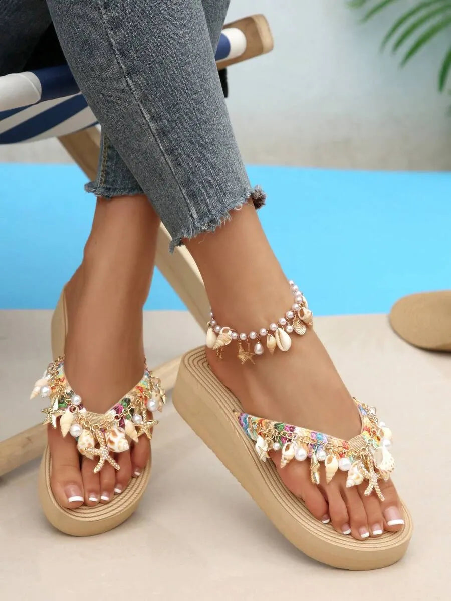 Wedge Slippers for Women - Bohemian Beach Sandals with Shell Chain Decor