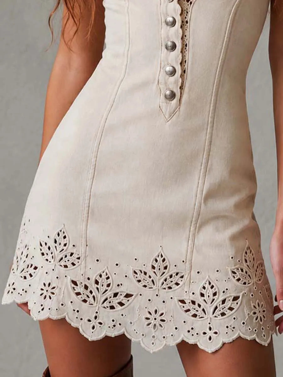 Ivory Retro V-neck Hollowed-out Lace Mini Dress