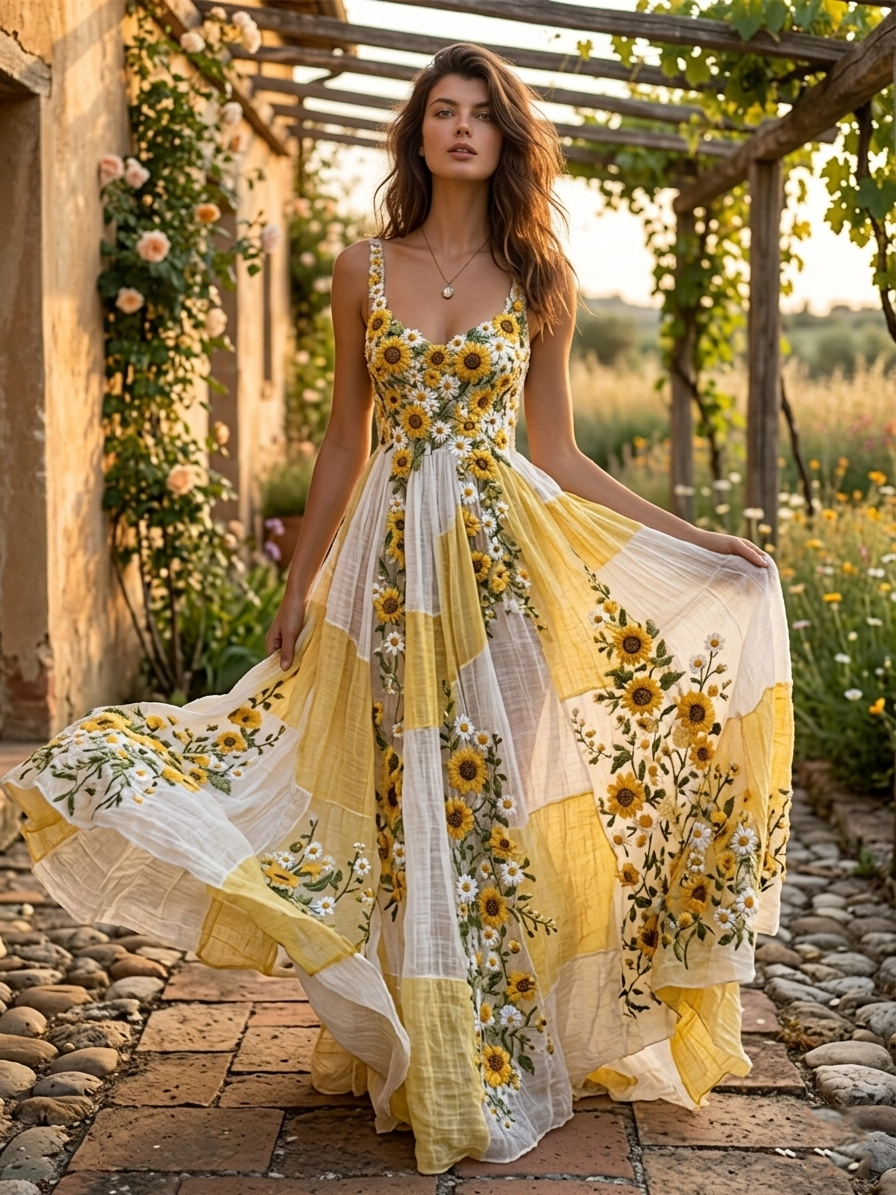 🌻 Women's Sunflower Embroidered Color Block Boho Maxi Dress