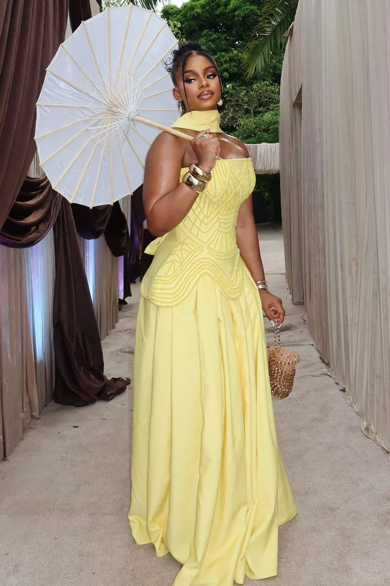 Womem Yellow Halter Neck Maxi Dress with 3D Puffed Bust
