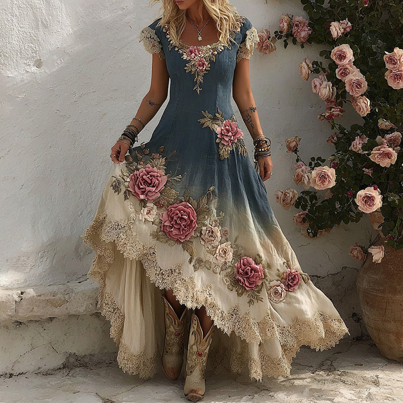 Women's Bohemian Pink Rose Patchwork Art Short Sleeve Maxi Dress