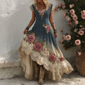 Women's Bohemian Pink Rose Patchwork Art Short Sleeve Maxi Dress
