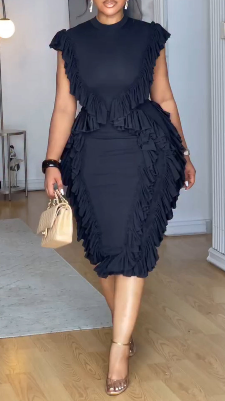 Women Round Neck Patchwork Solid Color Waist Cinching Elegant Temperament Dress