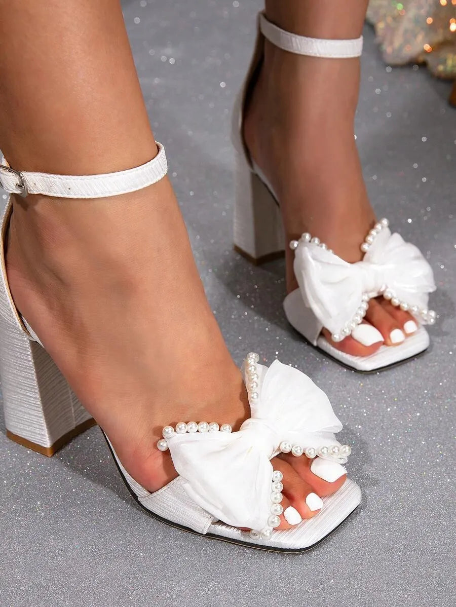 Elegant White Satin Bridal High Heel Pumps with Pearl Bow - Open Toe Wedding Sandals for Special Occasions
