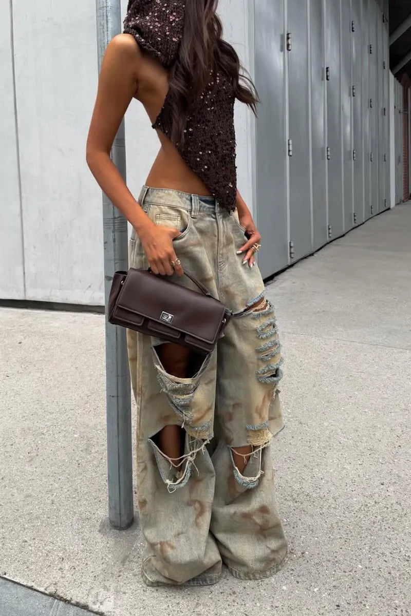 Women Vintage Ripped Casual Wide Leg Jeans