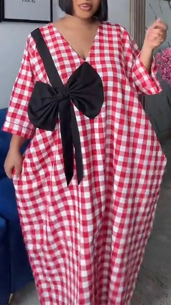 Women V-neck Plaid Bow Decoration Casual Dress