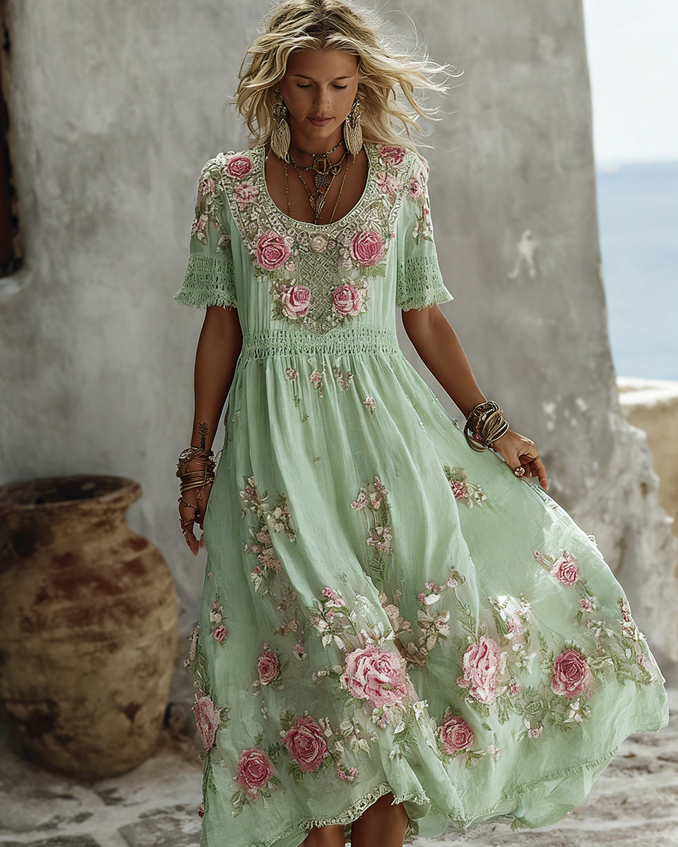 Women's Floral Art Print Flowy Linen Blend Casual Short Sleeve Maxi Dress