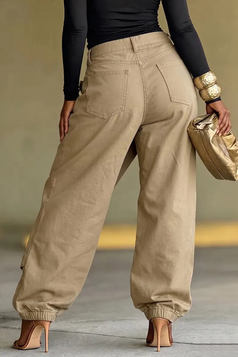 Women Oversized Asym Overlay Cargo Joggers Leather Patch Waistband Elastic Cuff Baggy Pants
