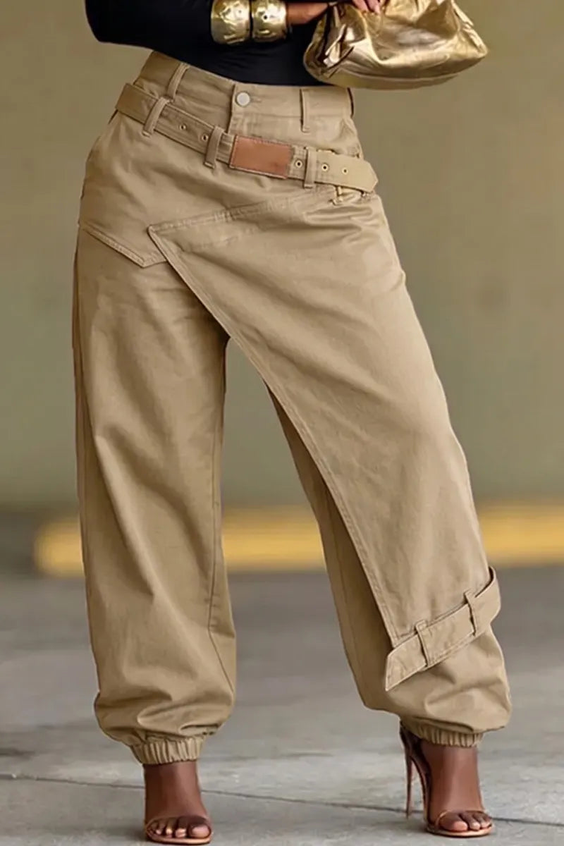 Women Oversized Asym Overlay Cargo Joggers Leather Patch Waistband Elastic Cuff Baggy Pants