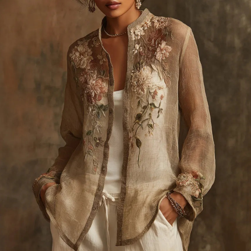 Women's Bohemian Floral Embroidered Linen Shirt