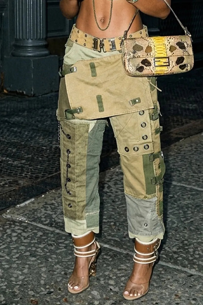 Women's Y2K Patchwork Cargo Pants with Asymmetrical Panels & Chain Accents