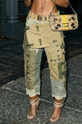Women's Y2K Patchwork Cargo Pants with Asymmetrical Panels & Chain Accents