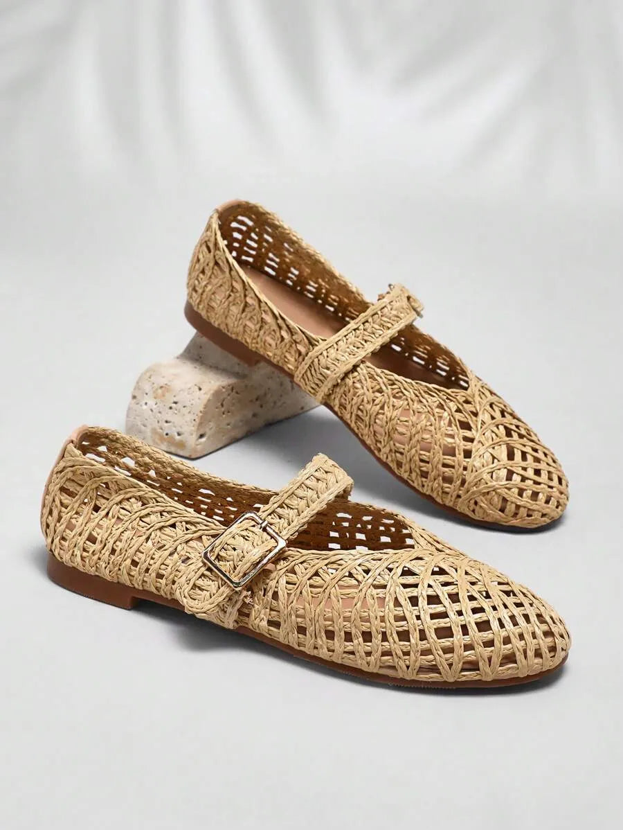 Women's Raffia Beige Mary Jane Ballet Flats for All-Day Comfort