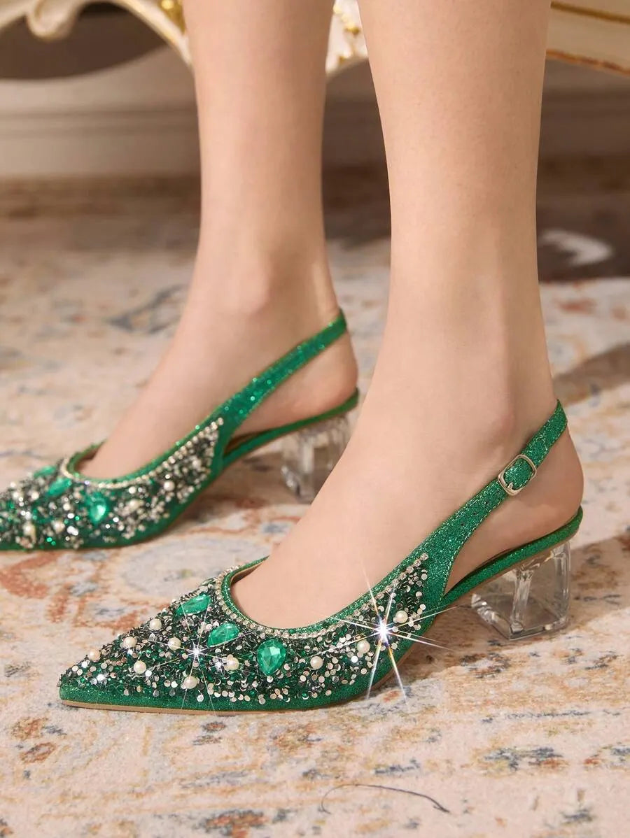Crystal Heel Pointed Toe Slingback Pumps