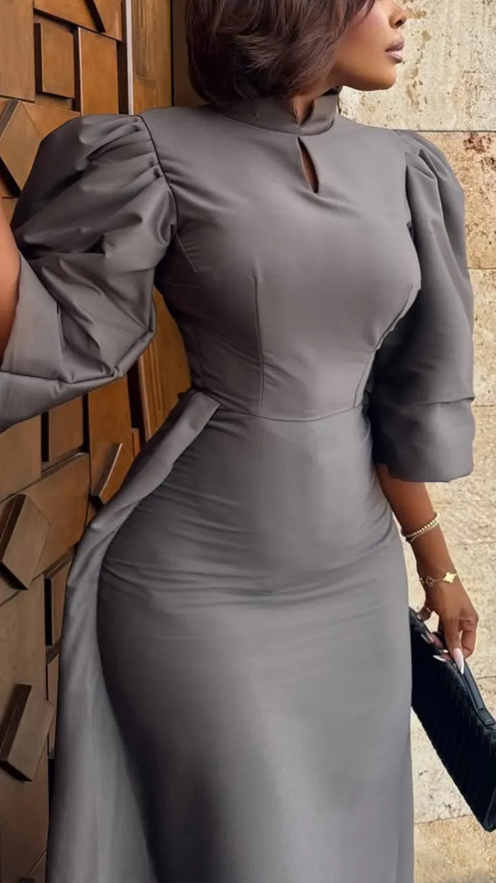 Women Round Neck Waist Cinched Solid Color Elegant Temperament Dress