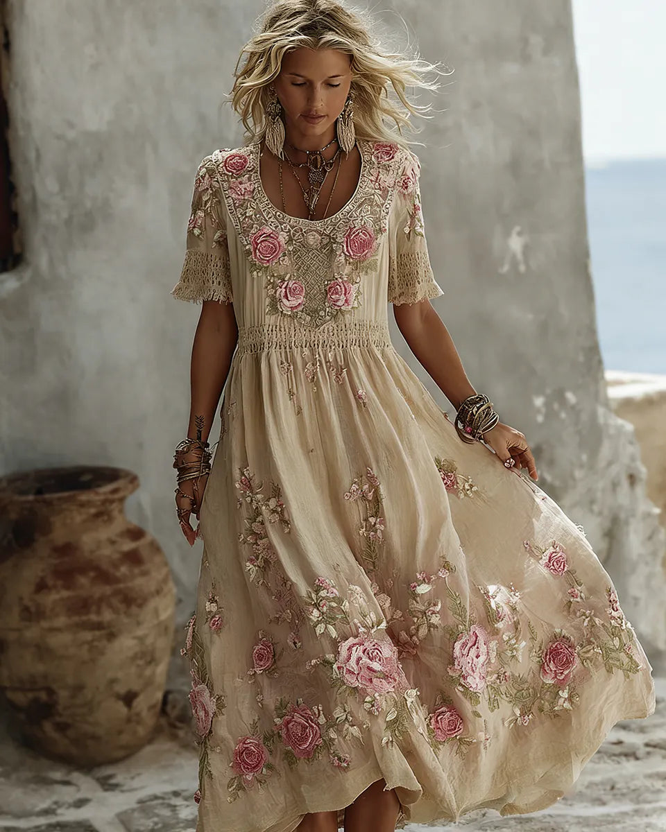 Women's Floral Art Print Flowy Linen Blend Casual Short Sleeve Maxi Dress