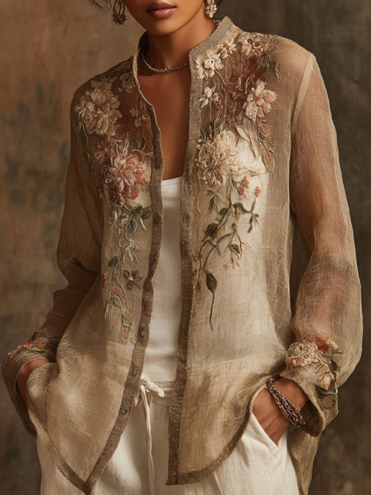 Women's Bohemian Floral Embroidered Linen Shirt