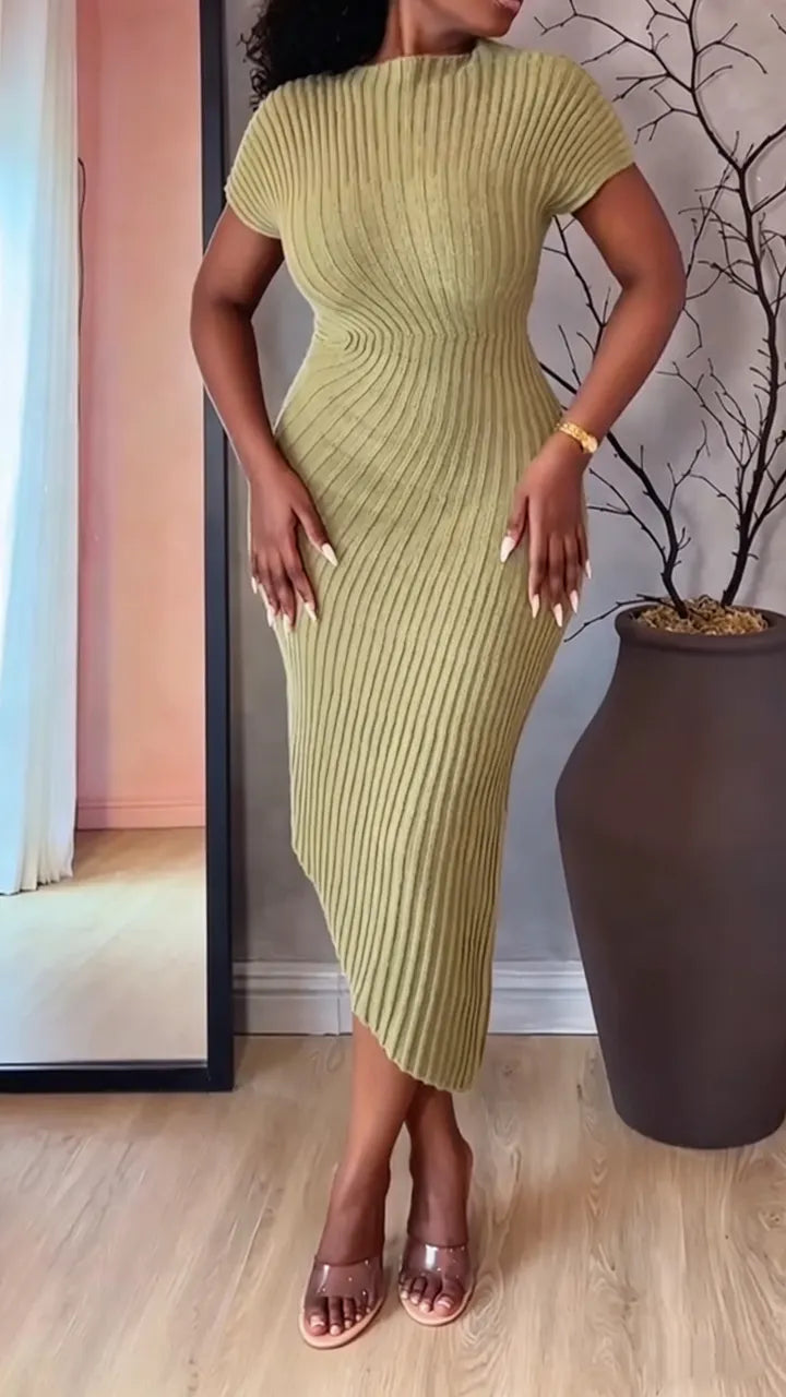 Women Round Neck Solid Color Irregular Elegant Temperament Knitted Slim Fit Dress