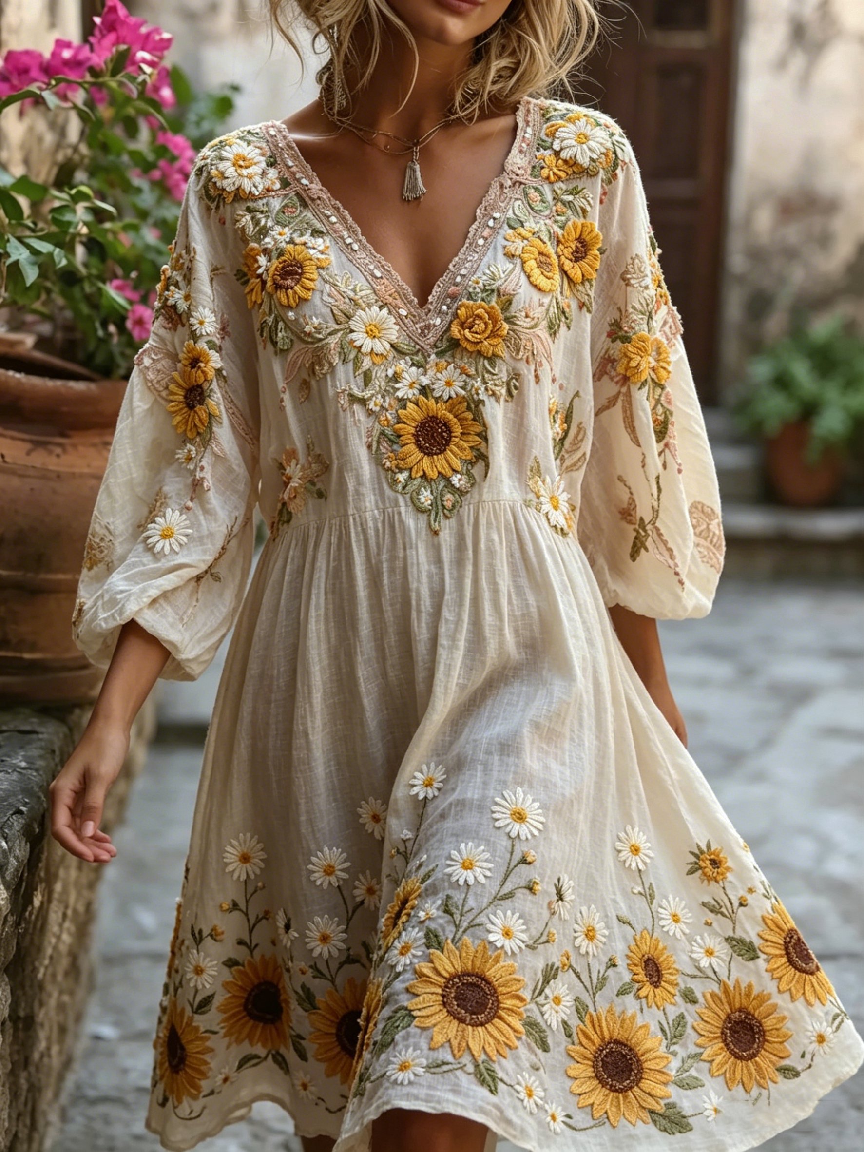 🌻 Women's Sunflower Embroidered Boho Midi Dress